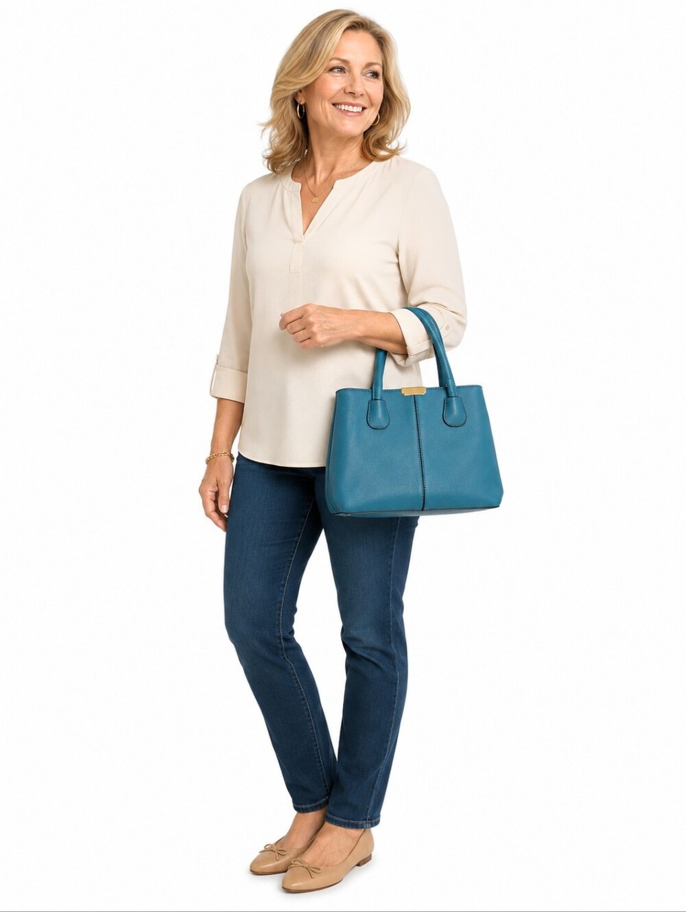 Teal Structured Handbag, Gold Accents